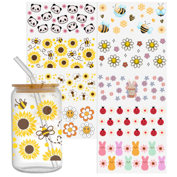 16OZ UV DTF Glass Cup Can Wrap Transfers Stickers Animals And Plants For Glass Mug Logo Labels