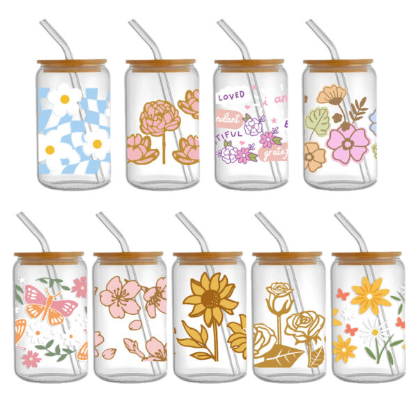 Butterfly Flower 16OZ UV DTF Glass Cup Can Wrap Transfers Stickers Drinks For Labels