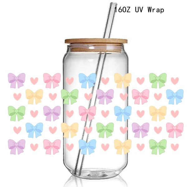 Retro Soft Girl UV DTF Sticker Wraps 16OZ Glass Pink Bows Cup Can UV Wrap Transfer Sticker Label - Image 2