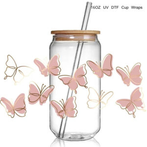 Wholesale Price Pink Butterfly print 3D UV DTF Cup Wraps stickers Custom Wraps for 16oz Glass