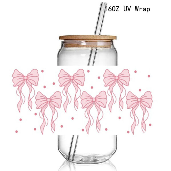 Retro Soft Girl UV DTF Sticker Wraps 16OZ Glass Pink Bows Cup Can UV Wrap Transfer Sticker Label - Image 3