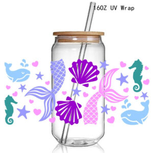Sealife Mermaid Retro UV DTF Sticker Wraps 16OZ Glass Cup Can Wrap Transfer Custom Labels