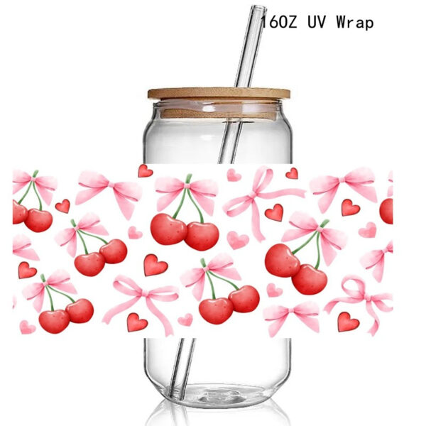 Retro Soft Girl UV DTF Sticker Wraps 16OZ Glass Pink Bows Cup Can UV Wrap Transfer Sticker Label - Image 4