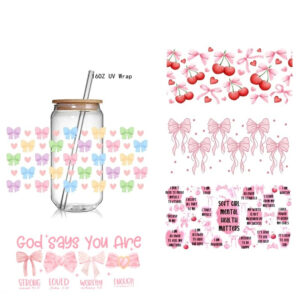 Retro Soft Girl UV DTF Sticker Wraps 16OZ Glass Pink Bows Cup Can UV Wrap Transfer Sticker Label