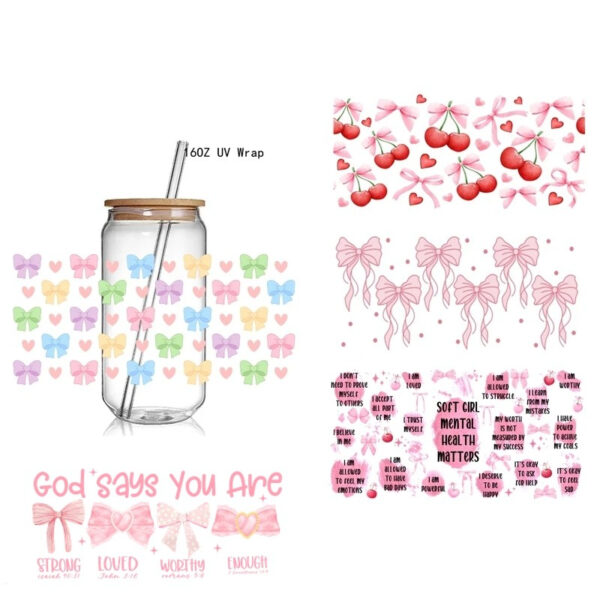 Retro Soft Girl UV DTF Sticker Wraps 16OZ Glass Pink Bows Cup Can UV Wrap Transfer Sticker Label