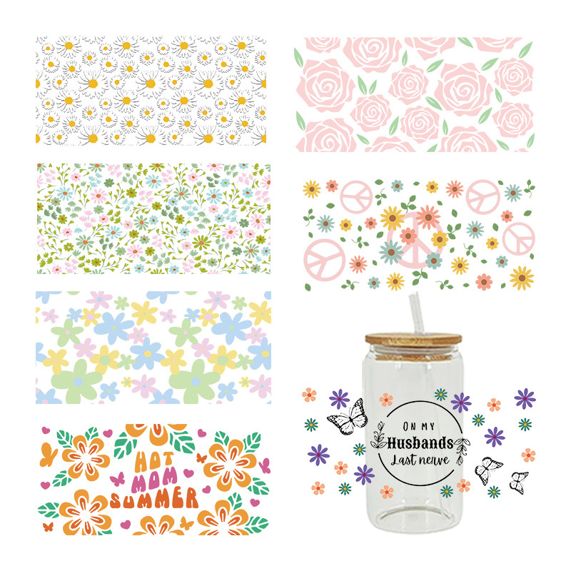 UV DTF Transfer Sticker Flower Theme For The 16oz Libbey Glasses Wraps Cup Can DIY Easy To Use
