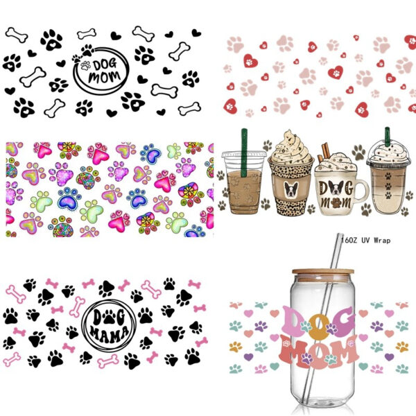 5+New Cute Dog Lover Dog Mum Print 3D UV DTF Transfer Stickers Cup Wrap Iron For Glass 16oz Use