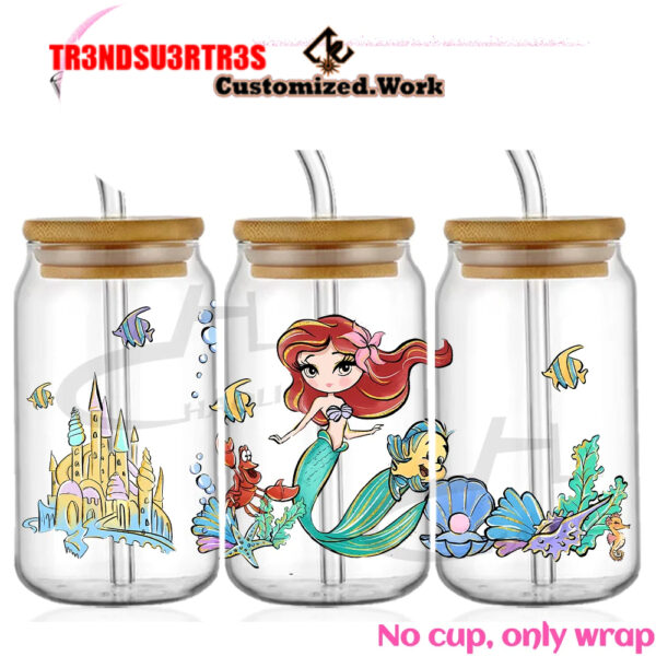 Disney Inspired Princess 16oz Glass Can UV DTF Wrap DIY Glass Can UV DTF Transfer Senior 3D - Image 2