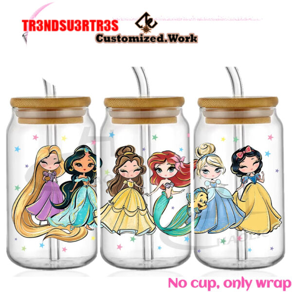 Disney Inspired Princess 16oz Glass Can UV DTF Wrap DIY Glass Can UV DTF Transfer Senior 3D - Image 4