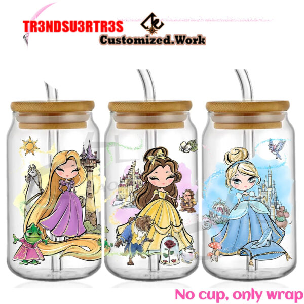 Disney Inspired Princess 16oz Glass Can UV DTF Wrap DIY Glass Can UV DTF Transfer Senior 3D - Image 5