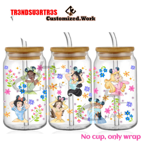 Disney Inspired Princess 16oz Glass Can UV DTF Wrap DIY Glass Can UV DTF Transfer Senior 3D - Image 9