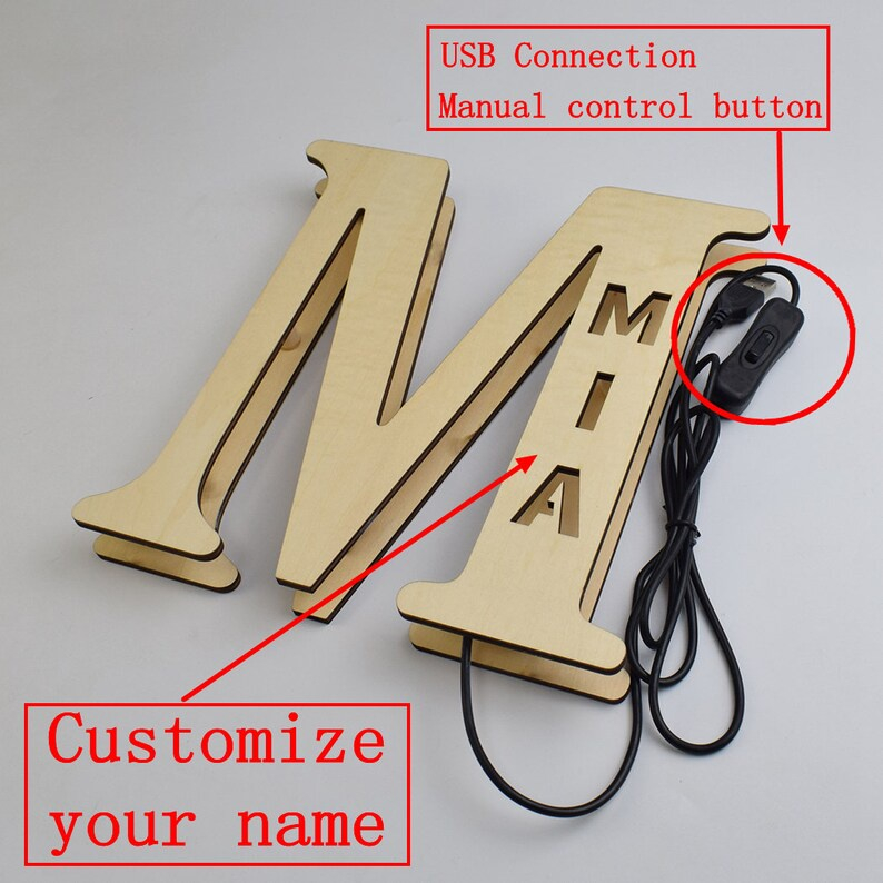 Personalised LED Wooden Alphabet Night Light – Bedside Free Standing or Hangable Lamps Gift 25/30cm - Image 4