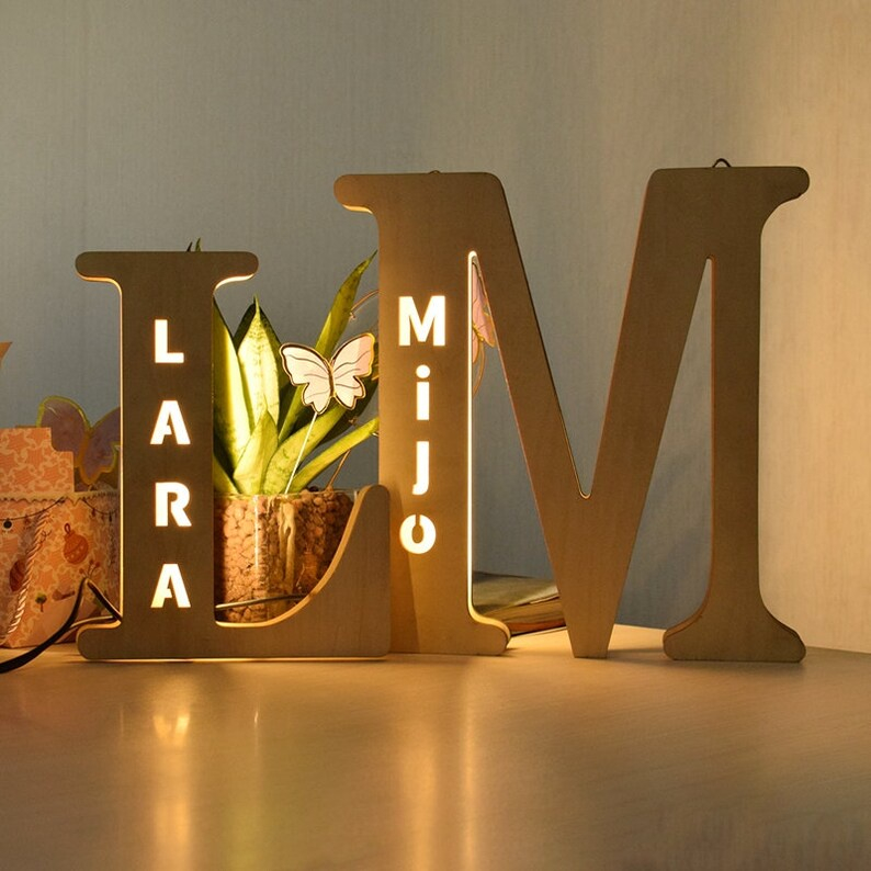 Personalised LED Wooden Alphabet Night Light – Bedside Free Standing or Hangable Lamps Gift 25/30cm - Image 5