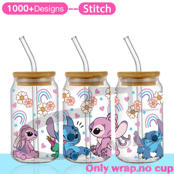 Stitch 16oz UV DTF Cup Wrap Glass Beer Can tumbler Transfer Stickers Permanent Adhesive Spring - Image 3
