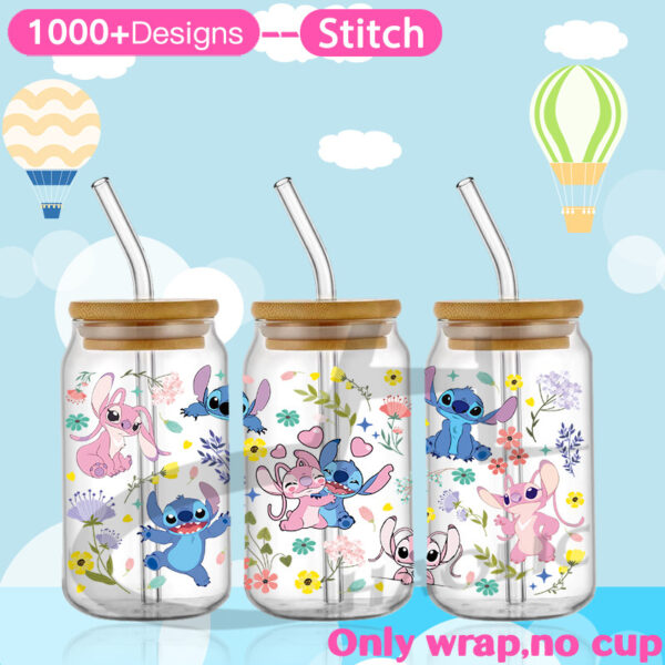 Stitch 16oz UV DTF Cup Wrap Glass Beer Can tumbler Transfer Stickers Permanent Adhesive Spring - Image 4