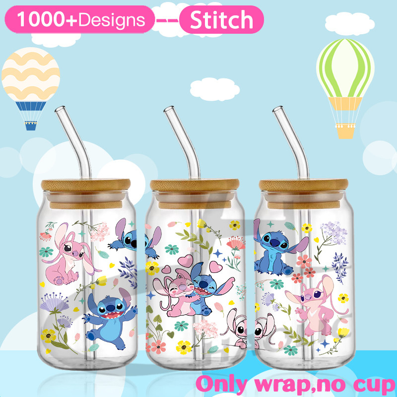 Stitch 16oz UV DTF Cup Wrap Glass Beer Can tumbler Transfer Stickers Permanent Adhesive Spring - Image 4