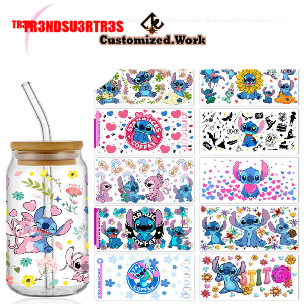 Stitch 16oz UV DTF Cup Wrap Glass Beer Can tumbler Transfer Stickers Permanent Adhesive Spring