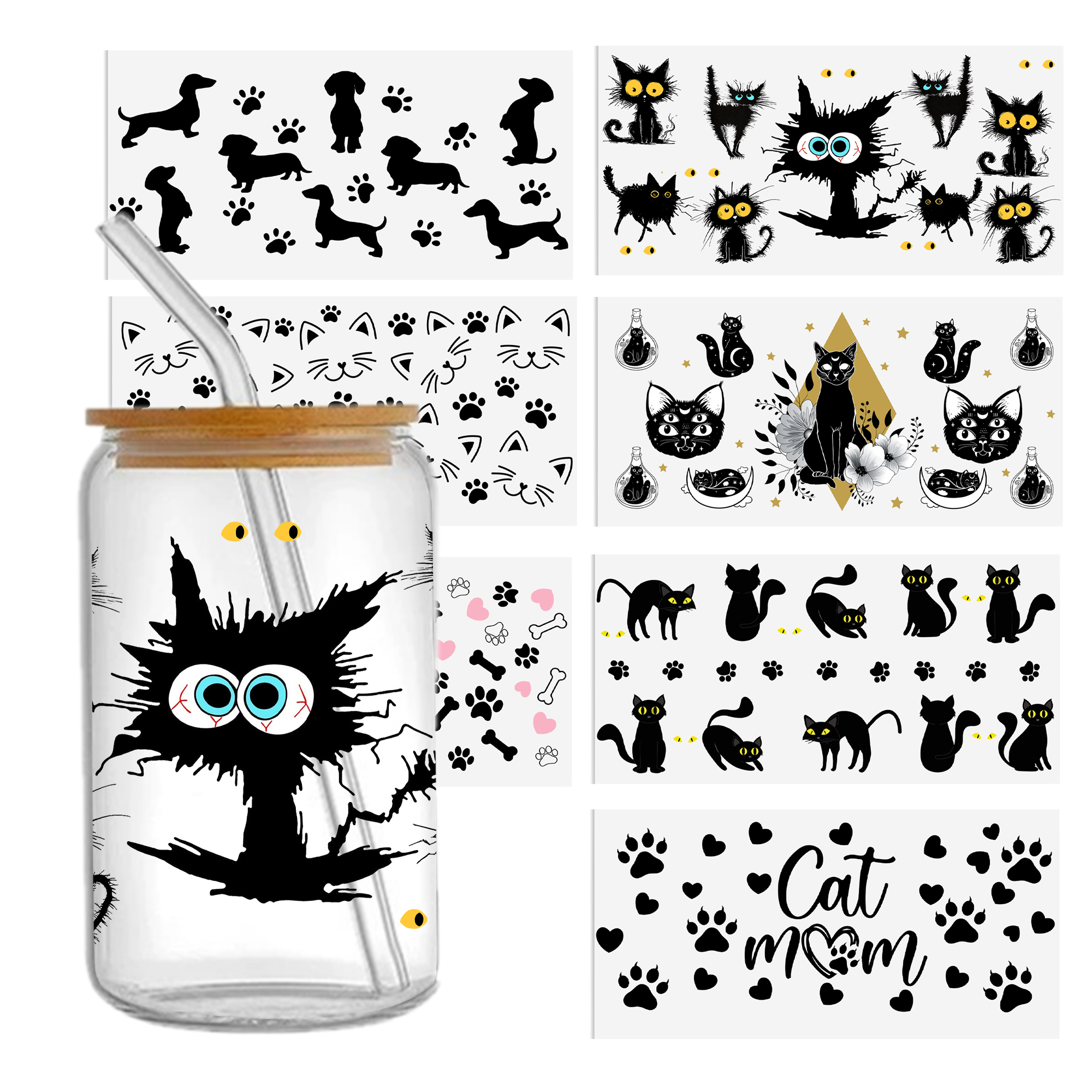 Black Cat Balloon Dog UV DTF Sticker For 16oz Cups Wrap Transfer Sticker Custom Labels DIY Logo Waterproof - Image 5