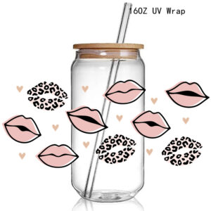 3D UV Dtf Wraps Transfers Cup Pink Lip Print Sticker Decals For Bottle Waterproof Custom UV DTF Sticker
