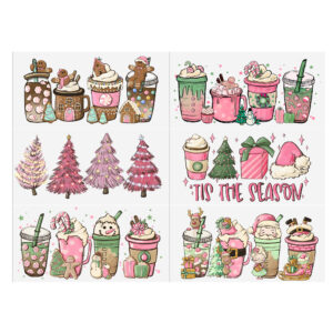 6-9pcs Christmas Pink Series UV DTF Sticker For 16oz Cups Wrap Transfer Sticker Custom Labels DIY Logo Waterproof