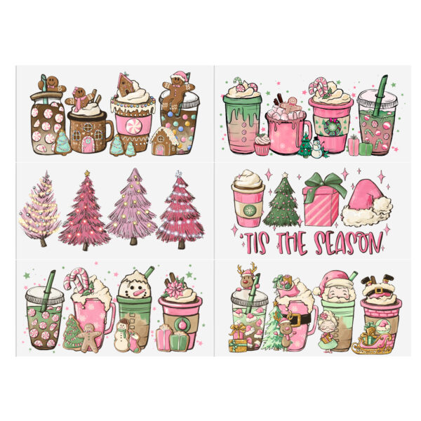 6-9pcs Christmas Pink Series UV DTF Sticker For 16oz Cups Wrap Transfer Sticker Custom Labels DIY Logo Waterproof