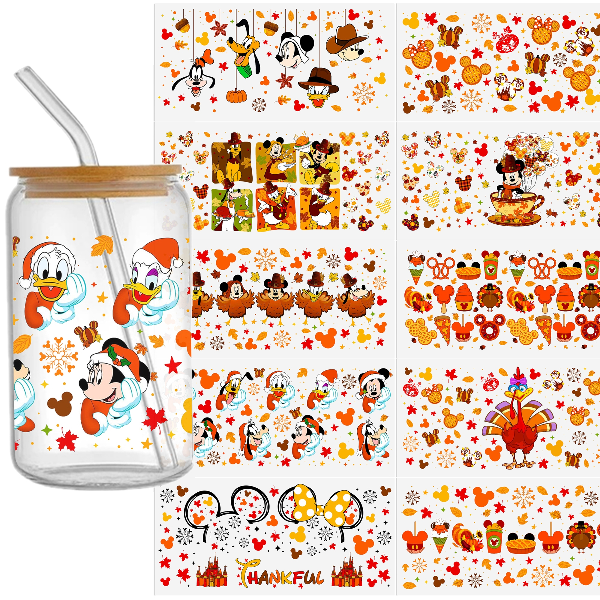 Disney Thanksgiving Day 16oz DTF Sticker Cups Cool Personalize UV Wrap Transfer Sticker Custom Labels DIY Logo Waterproof - Image 2