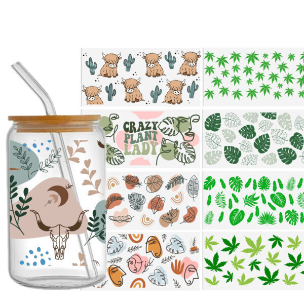 Leaves Cow 16oz Tumbler Template DTF Sticker Cup Cool Personalize UV Wrap Transfer Sticker Custom Label DIY Waterproof - Image 3