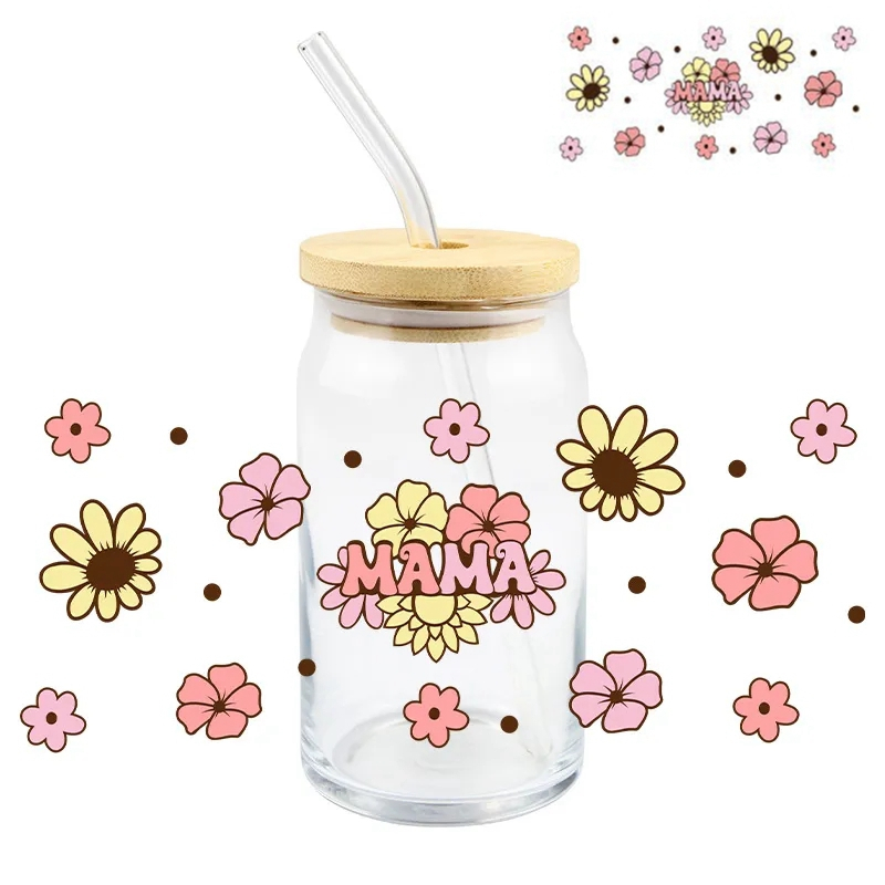 Fashion Flower MAMA 3D UV DTF Cup Wraps Transfer Sticker Mama UV Cup Wraps Stickers