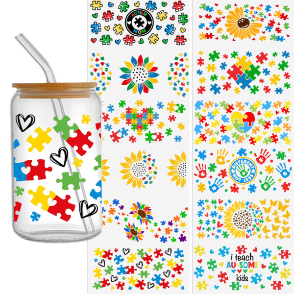 4-12pcs/Set Pencil AUTISM Letters UV DTF Sticker 16oz Cups Wrap Transfer Sticker Custom Labels DIY Logo Waterproof - Image 7