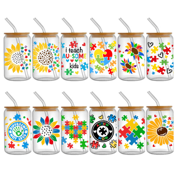 4-12pcs/Set Pencil AUTISM Letters UV DTF Sticker 16oz Cups Wrap Transfer Sticker Custom Labels DIY Logo Waterproof - Image 8