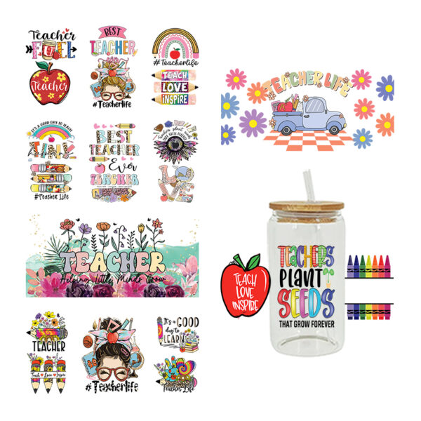 UV DTF Transfer Sticker Teacher Theme For The 16oz Libbey Glasses Wraps Cup Can DIY Waterproof Easy To Use Custom Decals - Image 5