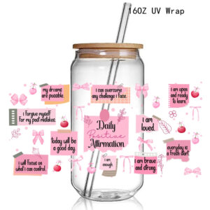 Retro Soft Girl UV DTF Sticker Wraps 16OZ Glass Pink Bows Cup Can UV Wrap Transfer Sticker Custom Labels