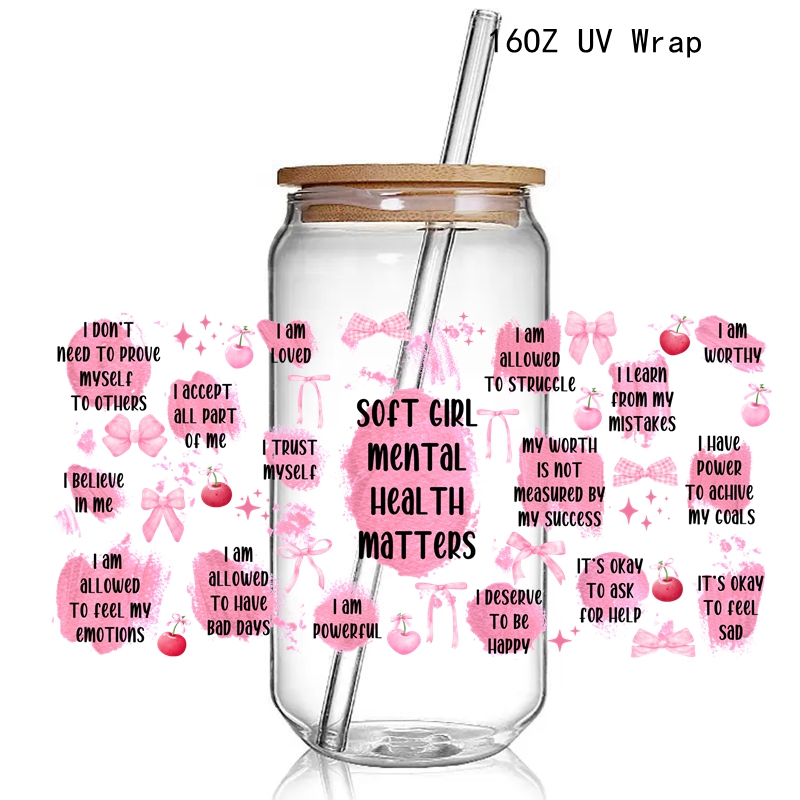 Retro Soft Girl UV DTF Sticker Wraps 16OZ Glass Pink Bows Cup Can UV Wrap Transfer Sticker Custom Labels - Image 3