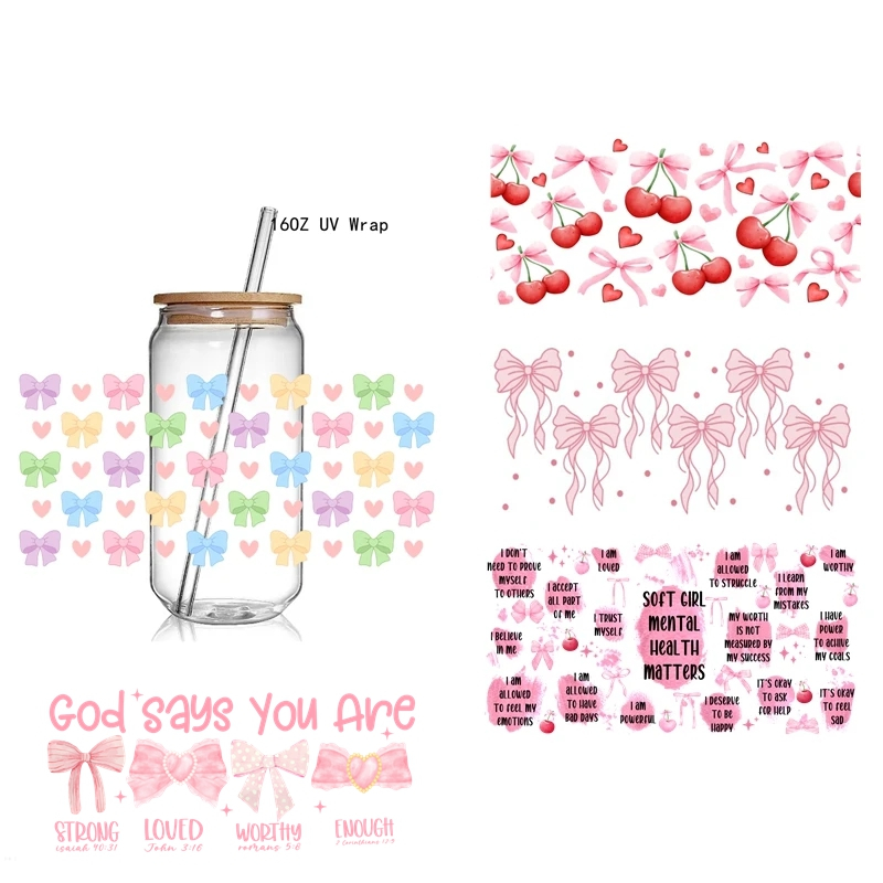 Retro Soft Girl UV DTF Sticker Wraps 16OZ Glass Pink Bows Cup Can UV Wrap Transfer Sticker Custom Labels - Image 7