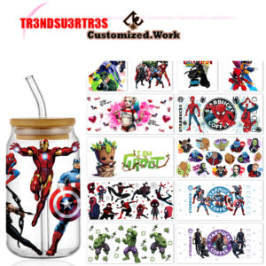 Marvel DC UV DTF Glass Can Wrap 16oz Glass Can Transfer Sticker Spider Iron Bat Harley JOKER