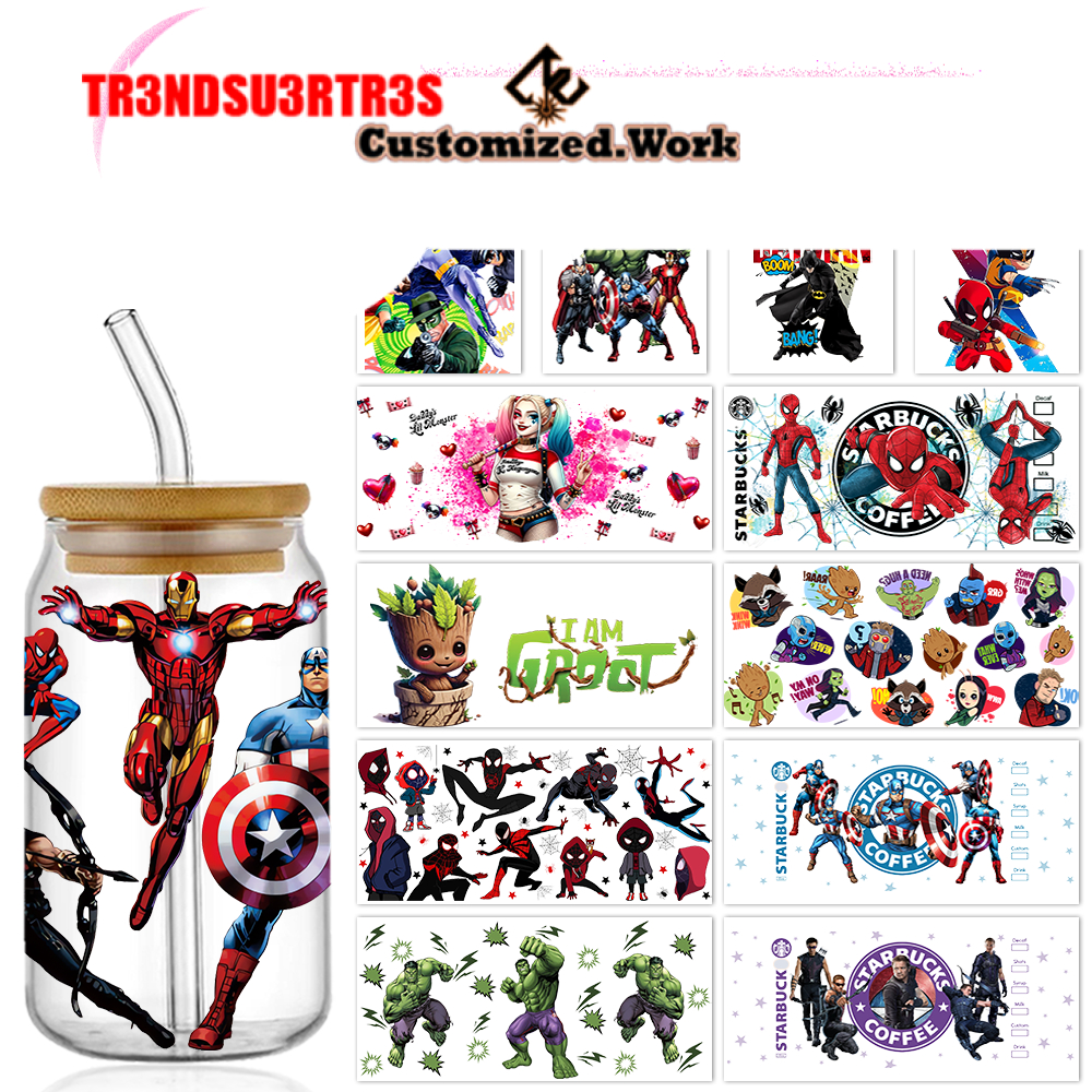 Marvel DC UV DTF Glass Can Wrap 16oz Glass Can Transfer Sticker Spider Iron Bat Harley JOKER