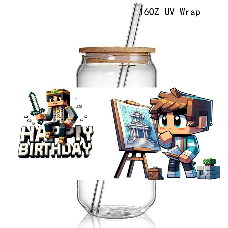 New Pixel Games Sward Mincrfts Uv Dtf Cup Wraps Transfer Sticker Diy Waterproof 16 Oz Glass Can Cups Wraps