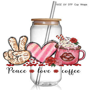 Valentine Design 16oz 3D UV DTF Cup Wraps Stickers Transfer Decals Love Heart Coffee Cup UV DTF Wrap Stickers for Tumbler