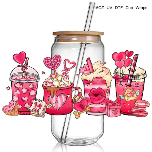 Valentine Design 16oz 3D UV DTF Cup Wraps Stickers Transfer Decals Love Heart Coffee Cup UV DTF Wrap Stickers for Tumbler - Image 3