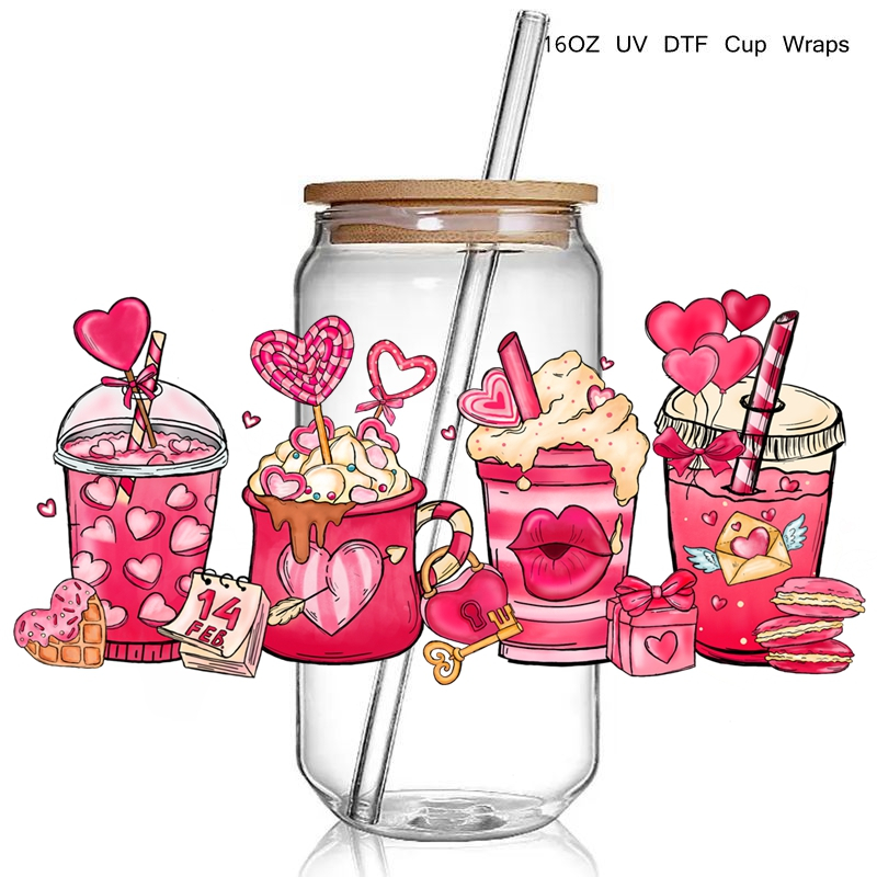 Valentine Design 16oz 3D UV DTF Cup Wraps Stickers Transfer Decals Love Heart Coffee Cup UV DTF Wrap Stickers for Tumbler - Image 3