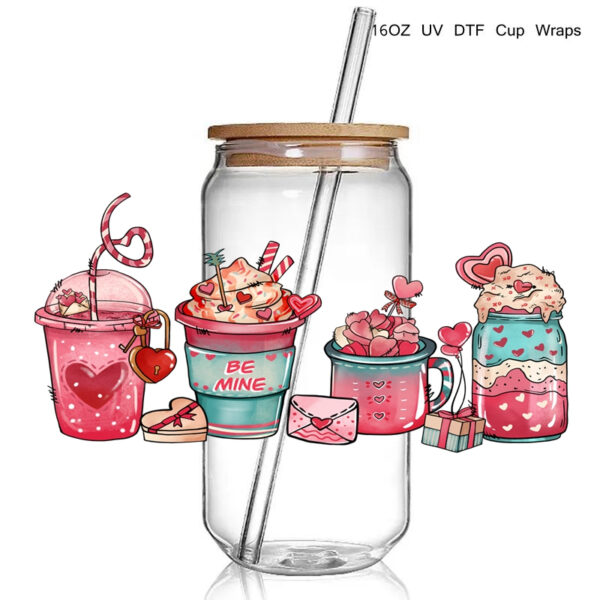 Valentine Design 16oz 3D UV DTF Cup Wraps Stickers Transfer Decals Love Heart Coffee Cup UV DTF Wrap Stickers for Tumbler - Image 5