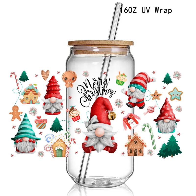 8+ New Gnomes Christmas Theme 3D UV DTF Cup Wraps stickers Custom UV Glass Wraps for 16oz Glass Cups - Image 2