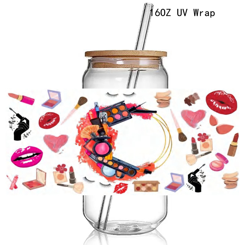Fashion Make Up Design Print 3D UV DTF Cup Wraps stickers Custom Lash UV Power Girl Wraps for 16oz Glass Can