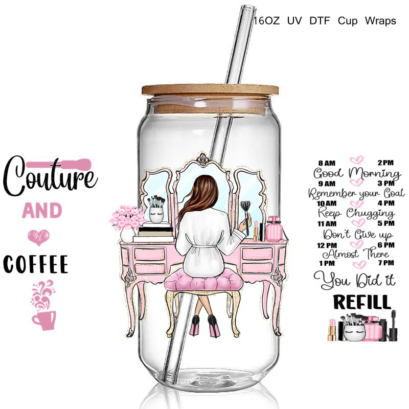 Fashion Make Up Design Print 3D UV DTF Cup Wraps stickers Custom Lash UV Power Girl Wraps for 16oz Glass Can - Image 3