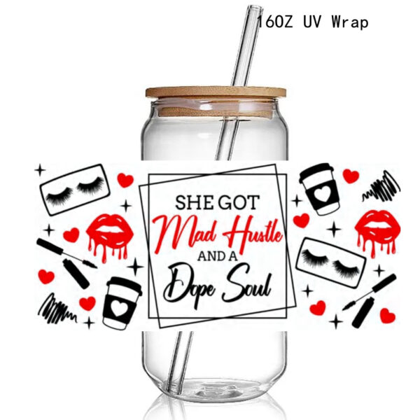 Fashion Make Up Design Print 3D UV DTF Cup Wraps stickers Custom Lash UV Power Girl Wraps for 16oz Glass Can - Image 5