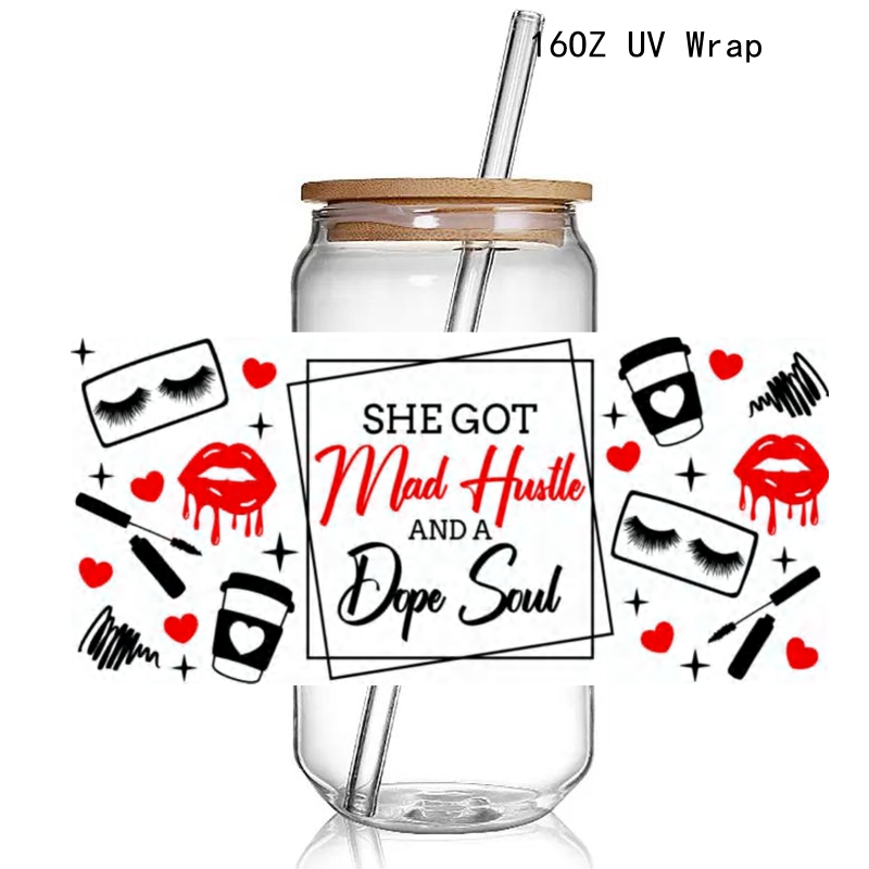 Fashion Make Up Design Print 3D UV DTF Cup Wraps stickers Custom Lash UV Power Girl Wraps for 16oz Glass Can - Image 5
