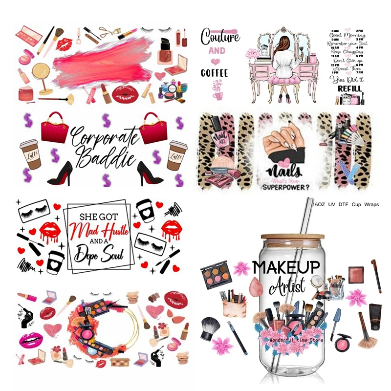 Fashion Make Up Design Print 3D UV DTF Cup Wraps stickers Custom Lash UV Power Girl Wraps for 16oz Glass Can - Image 8