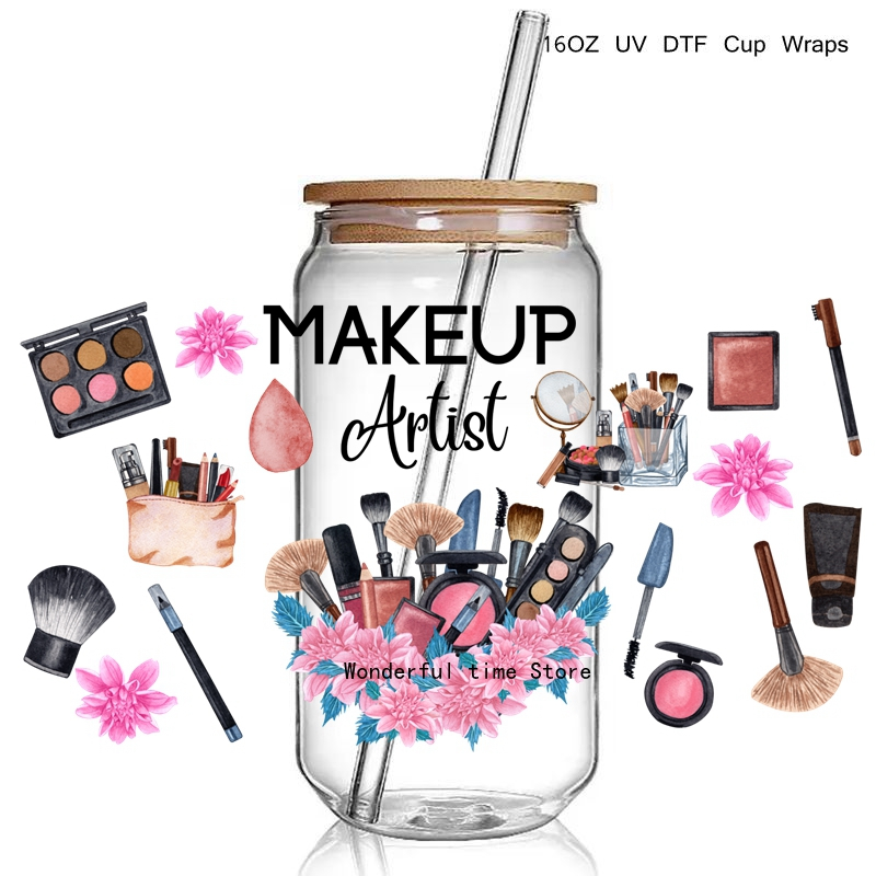 Fashion Make Up Design Print 3D UV DTF Cup Wraps stickers Custom Lash UV Power Girl Wraps for 16oz Glass Can - Image 9