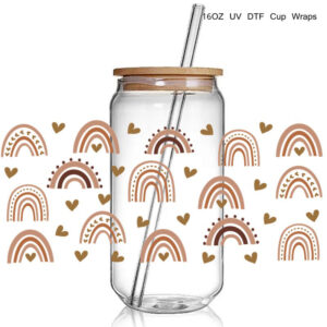 Wholesale Cute Rainbow Design 3D Uv Dtf Cup Wraps Transfer Sticker Decals Diy Waterproof For 16 Oz Glass Cups Use