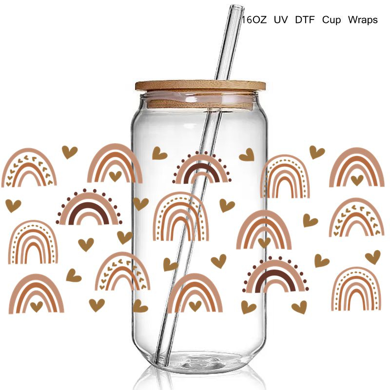 Wholesale Cute Rainbow Design 3D Uv Dtf Cup Wraps Transfer Sticker Decals Diy Waterproof For 16 Oz Glass Cups Use